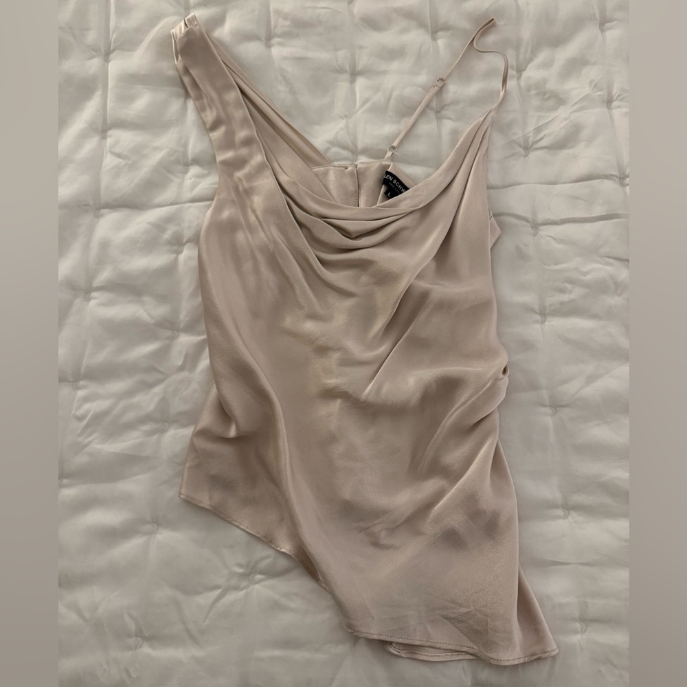 ABS Allen Schwartz Blush Beige Satin Asymmetrical Cowl Neck Tank
